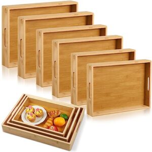 geelin 6 pack bamboo wood serving tray with handles rectangular wooden breakfast tray coffee table tray decorative serving trays platter for eating food bed breakfast dinner living room, 3 sizes