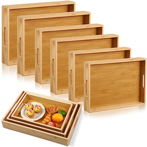 Geelin 6 Pack Bamboo Wood Serving Tray with Handles Rectangular Wooden Breakfast Tray Coffee Table Tray Decorative Serving Trays Platter for Eating Food Bed Breakfast Dinner Living Room, 3 Sizes