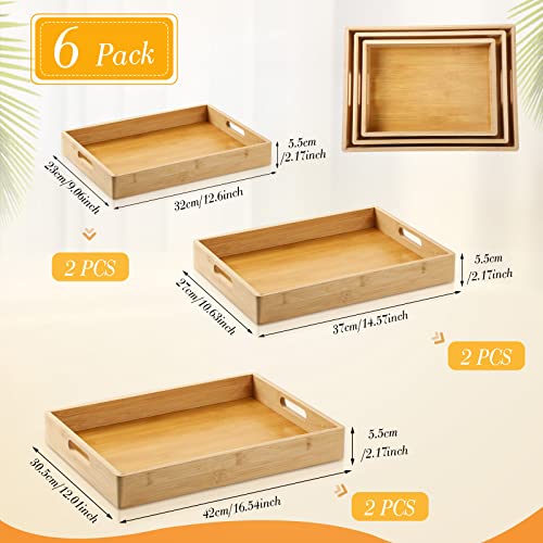 Geelin 6 Pack Bamboo Wood Serving Tray with Handles Rectangular Wooden Breakfast Tray Coffee Table Tray Decorative Serving Trays Platter for Eating Food Bed Breakfast Dinner Living Room, 3 Sizes