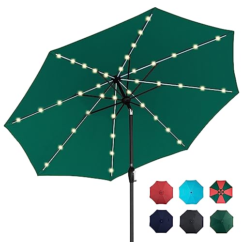 Tempera 9 ft Outdoor Market Umbrella 40 LED Lighted Patio Umbrella with Push Button Tilt and Crank, Solar Umbrella with Sturdy Pole&Fade Resistant Canopy, Easy to Set, Forest Green