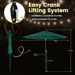 Tempera 9 ft Outdoor Market Umbrella 40 LED Lighted Patio Umbrella with Push Button Tilt and Crank, Solar Umbrella with Sturdy Pole&Fade Resistant Canopy, Easy to Set, Forest Green