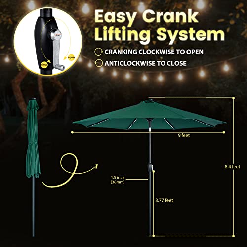 Tempera 9 ft Outdoor Market Umbrella 40 LED Lighted Patio Umbrella with Push Button Tilt and Crank, Solar Umbrella with Sturdy Pole&Fade Resistant Canopy, Easy to Set, Forest Green