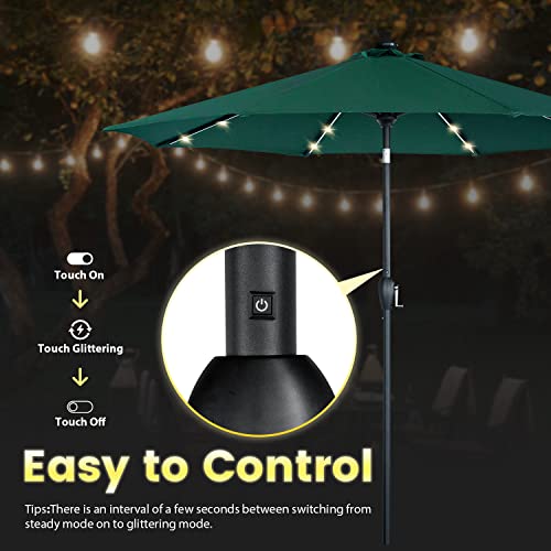 Tempera 9 ft Outdoor Market Umbrella 40 LED Lighted Patio Umbrella with Push Button Tilt and Crank, Solar Umbrella with Sturdy Pole&Fade Resistant Canopy, Easy to Set, Forest Green