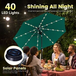 Tempera 9 ft Outdoor Market Umbrella 40 LED Lighted Patio Umbrella with Push Button Tilt and Crank, Solar Umbrella with Sturdy Pole&Fade Resistant Canopy, Easy to Set, Forest Green