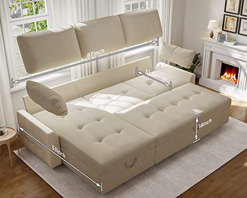 PaPaJet Pull Out Sofa Bed, Modern Tufted Convertible Sleeper Sofa, L Shaped Couch with Storage Chaise, Chenille Sectional Bed for Living Room (Beige)