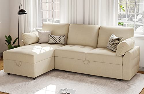 PaPaJet Pull Out Sofa Bed, Modern Tufted Convertible Sleeper Sofa, L Shaped Couch with Storage Chaise, Chenille Sectional Bed for Living Room (Beige)