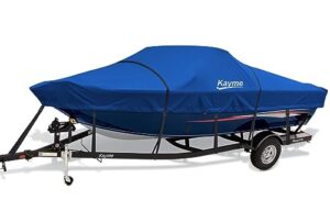 kayme 600d heavy duty boat cover, waterproof and tear resistant boat canvas, tarps with windproof straps. fit for v-hull, tri-hull, bass boat, fish & ski boat, length 17'-19', width up to 96".