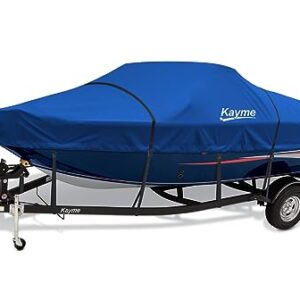 Kayme 600D Heavy Duty Boat Cover, Waterproof and Tear Resistant Boat Canvas, Tarps with Windproof Straps. Fit for V-Hull, Tri-Hull, Bass Boat, Fish & Ski Boat, Length 17'-19', Width up to 96".