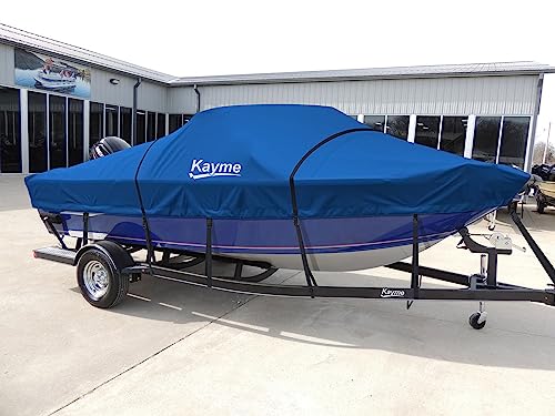 Kayme 600D Heavy Duty Boat Cover, Waterproof and Tear Resistant Boat Canvas, Tarps with Windproof Straps. Fit for V-Hull, Tri-Hull, Bass Boat, Fish & Ski Boat, Length 17'-19', Width up to 96".