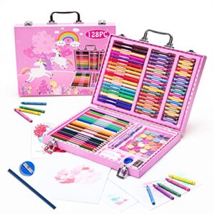 ayliwee art set，portable drawing painting art supplies，gifts for kids girls boys teens adults 6-8-9-12 ，coloring art kit gift case: crayons, oil pastels,colored pencils, watercolors case,paper (pink)