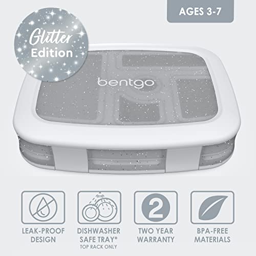 Bentgo® Kids 5-Compartment Lunch Box - Glitter Design for School, Ideal for Ages 3-7, Leak-Proof, Drop-Proof, Dishwasher Safe, & Made with BPA-Free Materials (Glitter Edition - Silver)