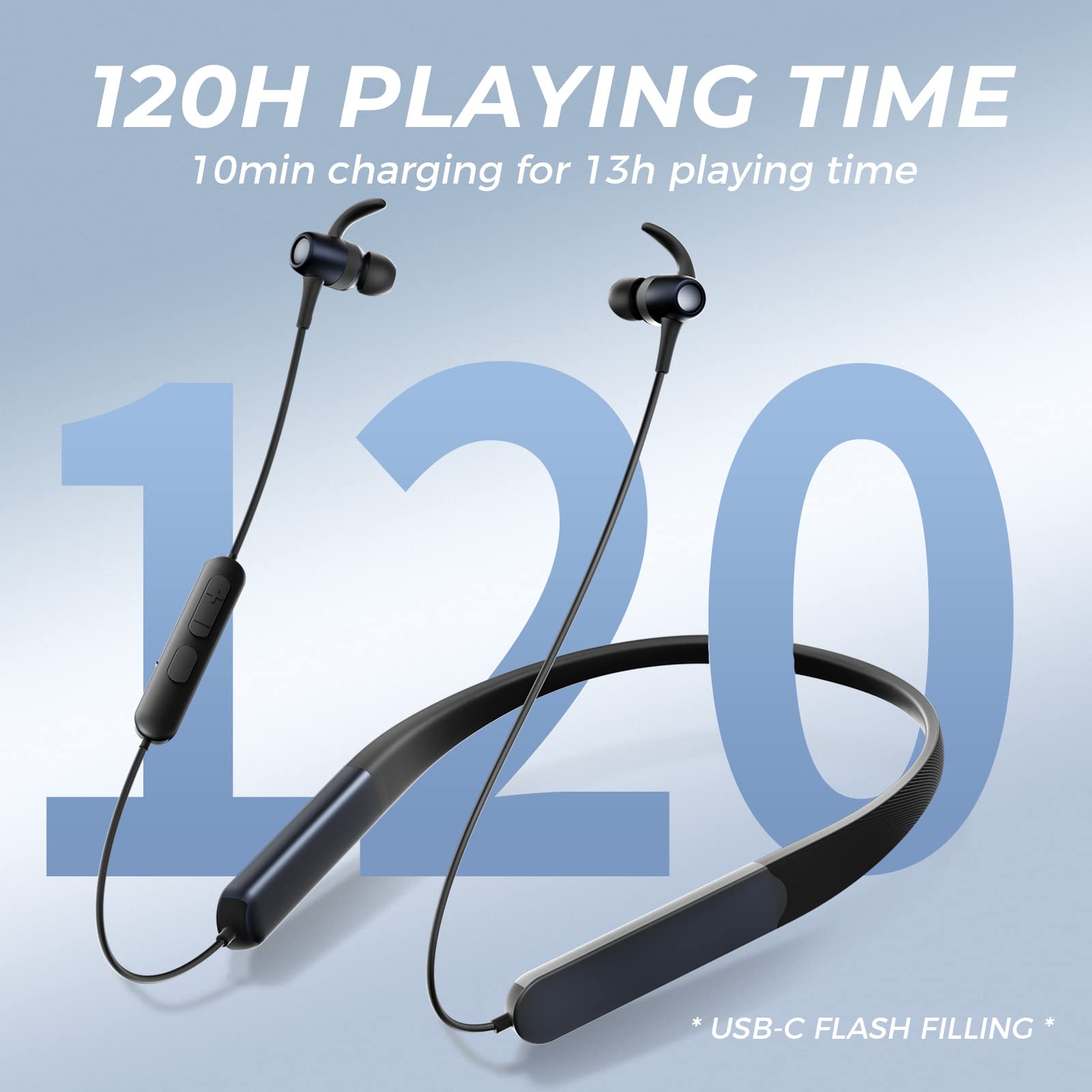 TONEMAC N20 Wireless Neckband Earphones Bluetooth 5.2 Earbuds IPX6 Waterproof, and 120H Playtime