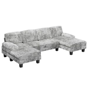 Flamaker Convertible Sectional Sofa Couch, Modern Fabric U-Shaped Living Room Furniture Set, 4-Seat Sectional Sleeper Sofa with Double Chaise & Memory Foam (Grey)