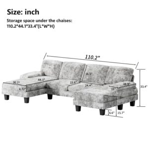 Flamaker Convertible Sectional Sofa Couch, Modern Fabric U-Shaped Living Room Furniture Set, 4-Seat Sectional Sleeper Sofa with Double Chaise & Memory Foam (Grey)