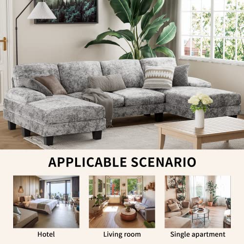 Flamaker Convertible Sectional Sofa Couch, Modern Fabric U-Shaped Living Room Furniture Set, 4-Seat Sectional Sleeper Sofa with Double Chaise & Memory Foam (Grey)