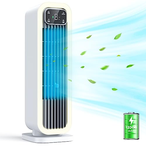 Oscillating Tower Fan, Bladeless Desk Fan 15 inch 12000mAh Battery Operated Portable Table Fan for Bedroom Office Home, Small Standing Fan for Rooms Desktop with Touch Control, Timer, Dimmable Light