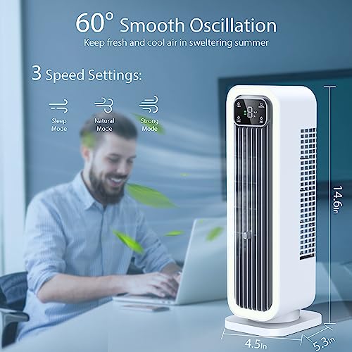 Oscillating Tower Fan, Bladeless Desk Fan 15 inch 12000mAh Battery Operated Portable Table Fan for Bedroom Office Home, Small Standing Fan for Rooms Desktop with Touch Control, Timer, Dimmable Light