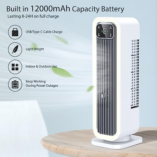 Oscillating Tower Fan, Bladeless Desk Fan 15 inch 12000mAh Battery Operated Portable Table Fan for Bedroom Office Home, Small Standing Fan for Rooms Desktop with Touch Control, Timer, Dimmable Light