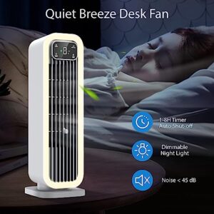 Oscillating Tower Fan, Bladeless Desk Fan 15 inch 12000mAh Battery Operated Portable Table Fan for Bedroom Office Home, Small Standing Fan for Rooms Desktop with Touch Control, Timer, Dimmable Light