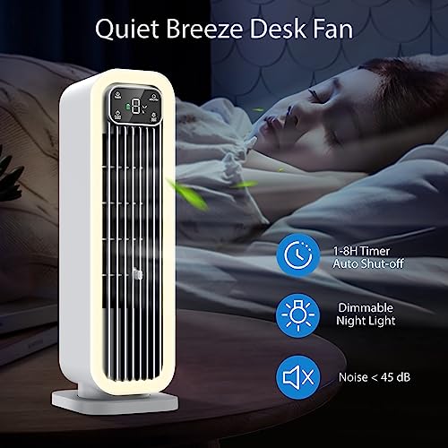 Oscillating Tower Fan, Bladeless Desk Fan 15 inch 12000mAh Battery Operated Portable Table Fan for Bedroom Office Home, Small Standing Fan for Rooms Desktop with Touch Control, Timer, Dimmable Light