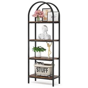 little tree 4-tier arched bookshelf, tall open bookcase storage shelves, wood metal freestanding display rack tall shelving unit for home office, bedroom, living room, rustic brown