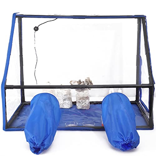 GARVIN Large Still Air Box 33.9" x 22" x 26" Mushroom Bag Plant Propagation Station - Greenhouse Flow Hood Grow Box Grow Monotub with Spray Bottle, Gloves, LED Light Blue/Clear