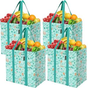 baleine 4 pk grocery bags reusable shopping bags with reinforced bottom, heavy duty foldable tote bags (spring stroll)