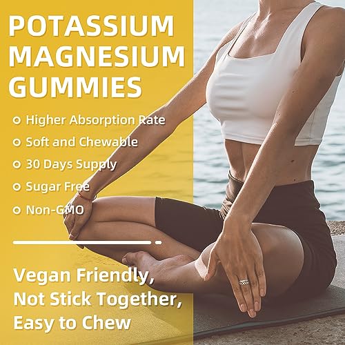 Potassium Magnesium Supplement Gummies for Women Men, Sugar Free Potassium Gummies for Leg Cramps & Muscle & Immune Health, High Absorption Magnesium Gummies Lemon Flavor 120 Count