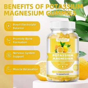 Potassium Magnesium Supplement Gummies for Women Men, Sugar Free Potassium Gummies for Leg Cramps & Muscle & Immune Health, High Absorption Magnesium Gummies Lemon Flavor 120 Count