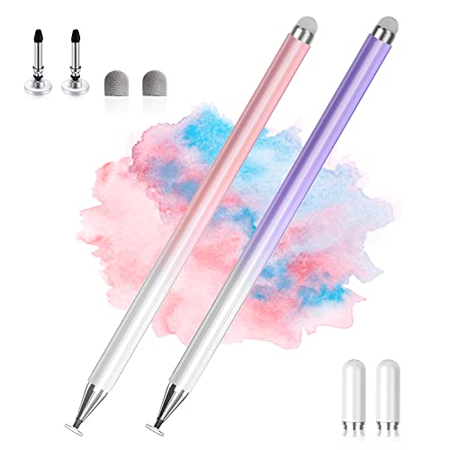 Stylus Pens for Touch Screens, 2 in 1 High Precision Universal Stylus Pen for iPad Compatible with Apple, iPhone, iPad, Android, Microsoft Tablets, Phones, 2 Pack -Pink, Purple