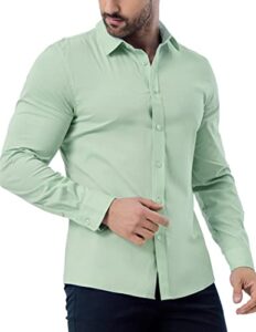 zaful men long sleeve green dress shirt stretch wrinkle-free casual slim fit button-down shirts light green xl