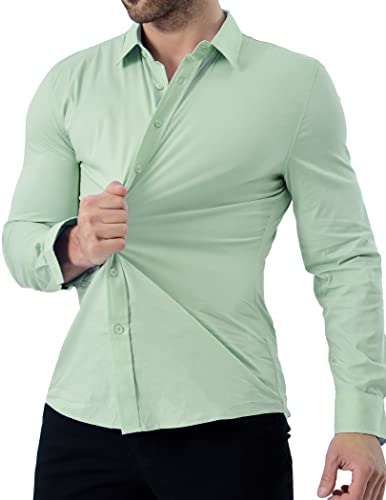 ZAFUL Men Long Sleeve Green Dress Shirt Stretch Wrinkle-Free Casual Slim Fit Button-Down Shirts Light Green XL