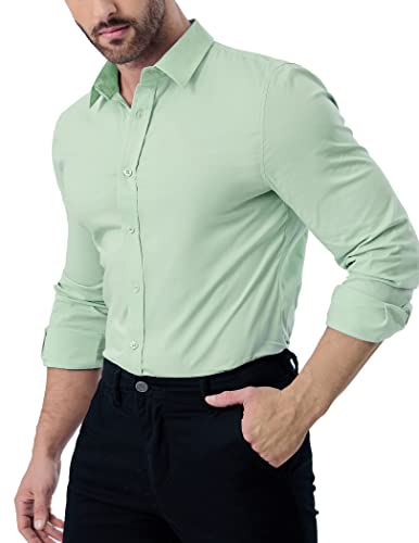 ZAFUL Men Long Sleeve Green Dress Shirt Stretch Wrinkle-Free Casual Slim Fit Button-Down Shirts Light Green XL