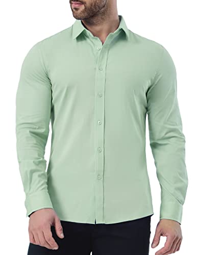 ZAFUL Men Long Sleeve Green Dress Shirt Stretch Wrinkle-Free Casual Slim Fit Button-Down Shirts Light Green XL