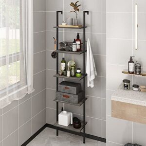 Tohomeor Retro Bookshelf Wall Mounted 5-Tiers Ladder Shelf Dark Grey Narrow Thin Bookshelf Farm House Open Display Storage Rack for Living Room Bedroom Home Office