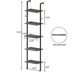 Tohomeor Retro Bookshelf Wall Mounted 5-Tiers Ladder Shelf Dark Grey Narrow Thin Bookshelf Farm House Open Display Storage Rack for Living Room Bedroom Home Office