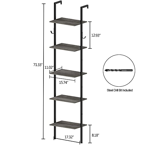 Tohomeor Retro Bookshelf Wall Mounted 5-Tiers Ladder Shelf Dark Grey Narrow Thin Bookshelf Farm House Open Display Storage Rack for Living Room Bedroom Home Office