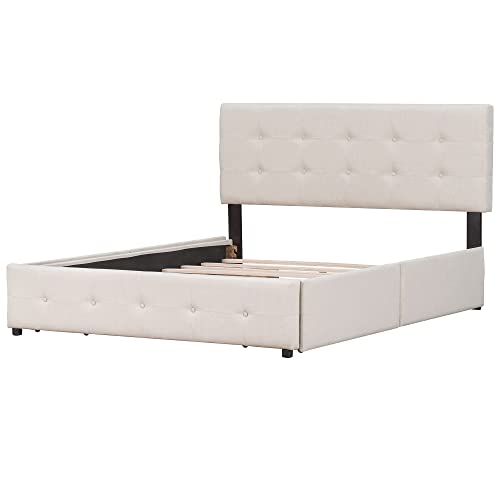 Wooden Queen Bed Frame Upholstered Platform Bed with Classic Headboard and 4 Drawers, No Box Spring Needed, Linen Fabric, Queen Size Beige