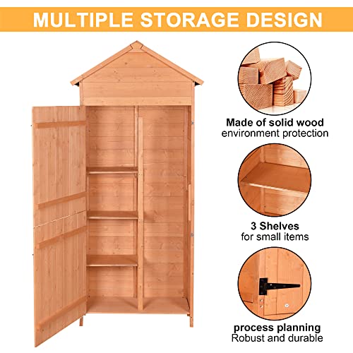 AONEAR Outdoor Wooden Tool Shed, Garden Storage Shed Storage Cabinet with Pitched Roof, 3 Shelves and Locking Latch for Home, Backyard, Porch, Patio