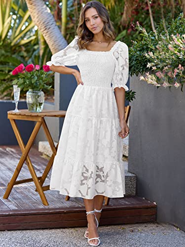 LILLUSORY Women's Flowy Puffy Spring Short Sleeve Dress 2023 Floral White Maxi Dress with Sleeves M