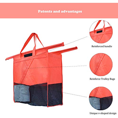 Trolley Bags for Shopping Cart-Set of 4 Shopping cart Bags for Groceries with Cooler Bag & Egg/Wine holder.Eco-Friendly 4 Reusable Grocery Cart Bags/Grocery Tote Bag/Cart Daddy(Orange,Green,Red,Blue)