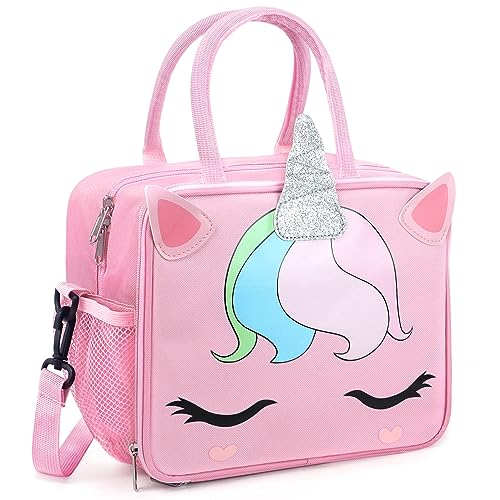 Korlon Unicorn Lunch Box for Girls, Insulated Pink Bento Lunch Bag for Girls Kids Adults Boys Men Women, Girls Lunchboxes for School with Adjustable Shoulder Strap & Water Bottle Holder