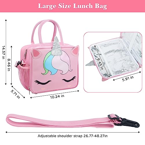 Korlon Unicorn Lunch Box for Girls, Insulated Pink Bento Lunch Bag for Girls Kids Adults Boys Men Women, Girls Lunchboxes for School with Adjustable Shoulder Strap & Water Bottle Holder