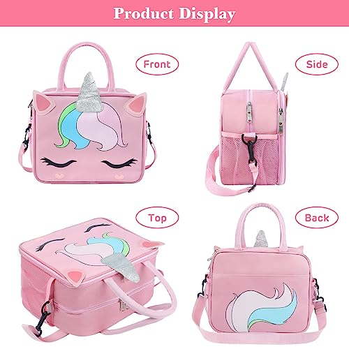 Korlon Unicorn Lunch Box for Girls, Insulated Pink Bento Lunch Bag for Girls Kids Adults Boys Men Women, Girls Lunchboxes for School with Adjustable Shoulder Strap & Water Bottle Holder