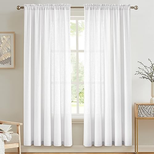 Anpark White Semi Sheer Curtains Linen Rod Pocket Curtains Tiebacks Included Semi Sheers, Privacy & Serenity for Bedroom, Soft Light for Relaxation - 52" W x 84" L, 2 Panels