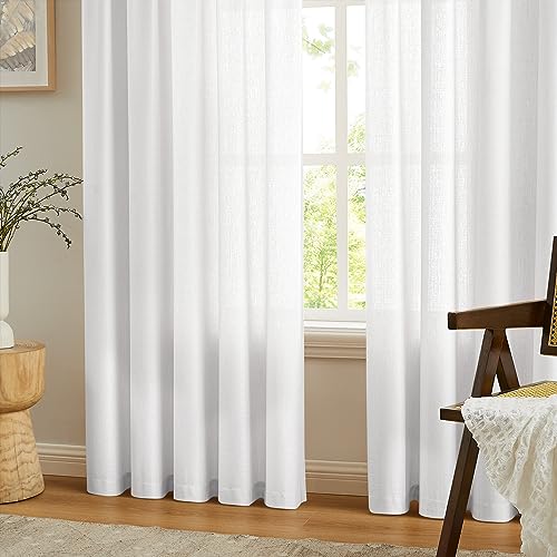 Anpark White Semi Sheer Curtains Linen Rod Pocket Curtains Tiebacks Included Semi Sheers, Privacy & Serenity for Bedroom, Soft Light for Relaxation - 52" W x 84" L, 2 Panels