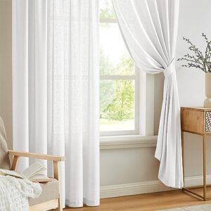 Anpark White Semi Sheer Curtains Linen Rod Pocket Curtains Tiebacks Included Semi Sheers, Privacy & Serenity for Bedroom, Soft Light for Relaxation - 52" W x 84" L, 2 Panels