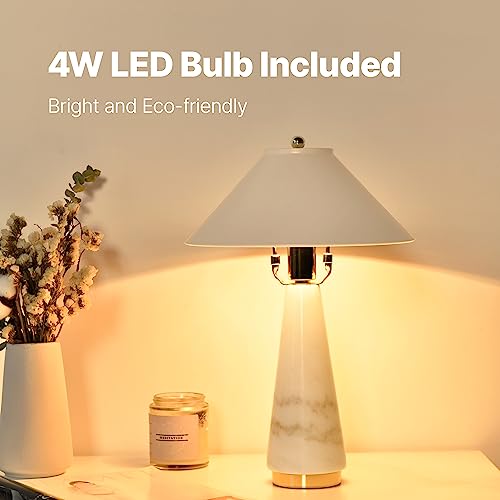 MAGCHARM Table Lamp, Bedside Lamps with 4W LED Bulb, Natural Marble Base, Metal Lampshade, 3000K Color, On/Off Switch Nightstand Lamp, Mid-Century Modern Table Lamps for Bedroom, Living Room End Table