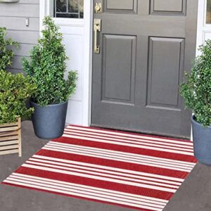 Red and White Striped Outdoor Rug 24'' x 35'' Door Mat Outdoor Machine Washable Welcome Mats Cotton Hand-Woven Entryway Rug for Front Porch/Entryway/Laundry/Bathroom/Bedroom