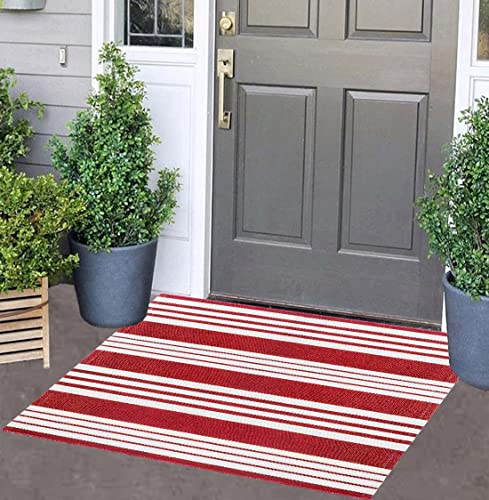 Red and White Striped Outdoor Rug 24'' x 35'' Door Mat Outdoor Machine Washable Welcome Mats Cotton Hand-Woven Entryway Rug for Front Porch/Entryway/Laundry/Bathroom/Bedroom